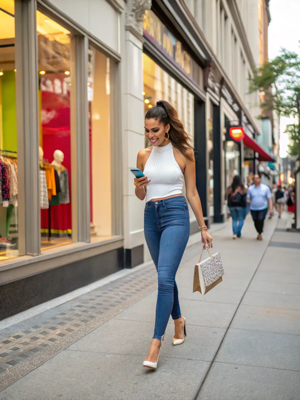 A woman wearing a crop top and high-waisted jeans, paired with chunky sneakers and a crossbody bag, walking down a vibrant city street, showcasing the casual and trendy style.