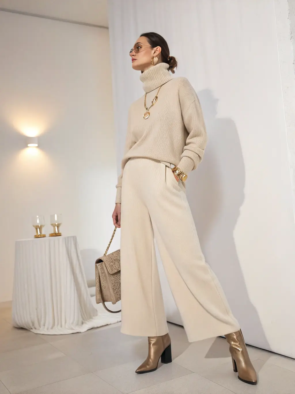 A woman wearing a stylish, oversized blazer with wide-leg trousers, standing in front of a minimalist background, showcasing the modern and chic look.